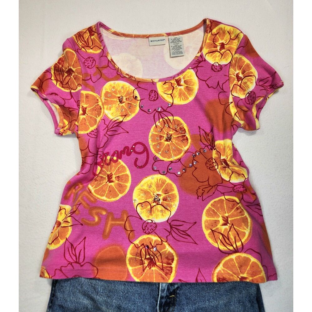 White Stag Orange Slice Graphic Tee Large Pink VTG Y2K Fruit Embellished Shirt